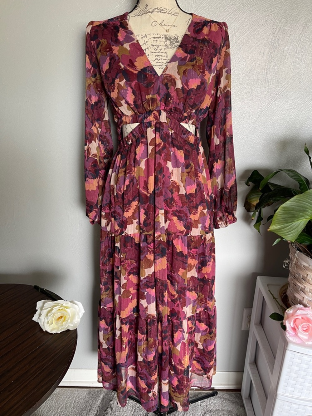 Sofia Jeans Floral Cutout Waist Midi Dress Metallic Thread Boho Romantic M